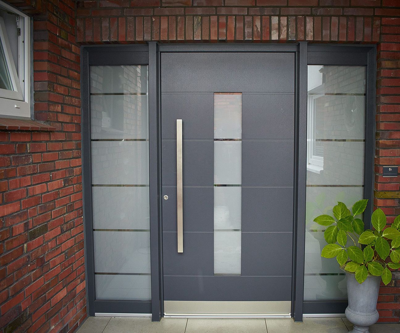 Moderne Eingangstür mit Glasfenstern und einem Topfpflanze daneben.